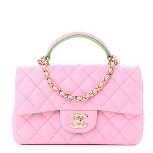 CHANEL Lambskin Quilted Mini Top Handle Rectangular Flap Lilac Green